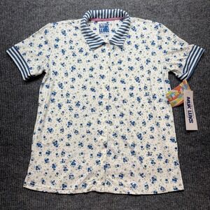Muk Luks Cloud Knit Loungewear Top Womens Tall XS Blue Floral Short Sleeve Polo